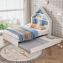 Full Size House-Shaped Bed with Bookcase Headboard and Led Light and Twin Size Trundle for Kids Boys Girls, Blue+ White