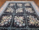 Chinese Needlepoint Rug 8 x 11.4, Hand-Woven Area Carpet, Flatweave Rug, Black Blue Light Violet Floral Garden European Design Wool Aubusson