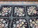 Chinese Needlepoint Rug 8 x 11.4, Hand-Woven Area Carpet, Flatweave Rug, Black Blue Light Violet Floral Garden European Design Wool Aubusson