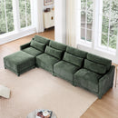 Stylish Green Four-Seater Sofa with Movable Ottoman, Ergonomic Design, Chenille Fabric, Wooden Base