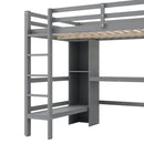 Full Size Loft Bed with Multifunction Shelves and Under-bed Desk, Gray