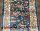 Turkish Silk Hunting Scene Rug 2.6 x 5, Dark Steel Blue & Ivory, Bamboo Silk, New