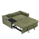 The pull-out and push-in green corduroy sofa with dual functions, equipped with a movable tabletop and USB ports, is suitable for use in living rooms and bedrooms.