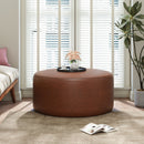 Upholstered Round Ottoman,PU Leather,Brown