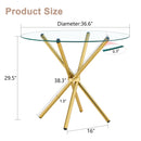 Round clear glass dining table with a unique shape for 4-6 people, with ring-shaped gathered gold metal legs, suitable for desks, kitchens, terraces, dining rooms.