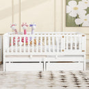 Full Size Wood Daybed with Fence Guardrails and 2 Drawers, Split into Independent Floor Bed & Daybed, White