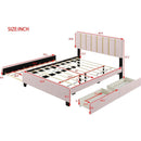 Queen Size Upholstered Platform Bed with 2 Drawers and 1 Trundle, Classic Metal Strip Headboard Design, Pink