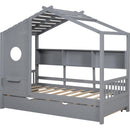 Wooden Twin Size House Bed With Trundle, Modern Design for Kids with Storage Shlef, Gray