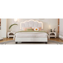 Full Size Upholstered Flower-Shape Bed, Elegant Flowers Headboard with LED Light Strip, Sherpa Fabric Platform Bed with Wooden Slats Support, White