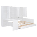 Full Size Wooden Daybed With Three Drawers, and All-in-One Cabinet, Desk and Shelves, White