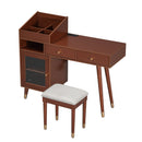 Modern Makeup Vanity Desk with Drawers, Cabinet & Charging Port, Space-saving Dressing Table Set with Stool for Small Places, Walnut