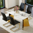 Table and chair set.63'x31.5x30' Luxurious Pandora patterned Sintered Stone Tabletop with Golden Stainless Steel Butterfly Legs.Paried With 4 Black High-quality PU Chairs With Arched Metal Legs.