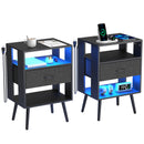 2 Pack Modern Nightstand with Charging Station, Bedside Tables with LED Light and Fabric Drawers