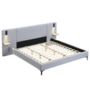 Chic Linen Upholstered Bed with Integrated Lights and Shelves, Grey, King