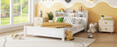 Full Pine Wood Bed with Bookcase Headboard ,LED Motion Sensor Light, Bed Guardrails,White