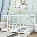 Twin Size House Floor Wooden Bed with Roof Frame,Safety Guardrails,White