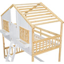 Twin over Twin House Bunk Bed with Roof, Window, Window Box, Door, with Safety Guardrails and Ladder, Natural/White
