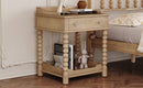 Retro Style Nightstand with Drawer and Open Shelf for Bedroom, Bedside Table with Turned Legs and Metal Handle,Natural