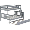 Twin Over Full Rubber Wood Bunk Bed with Trundle, Convertible Ladder and Guardrail, Detachable, Convertible Bed, with Twin Size Trundle  ,Grey