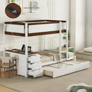 Twin Over Twin Bunk Bed With Desk USB Ports White Walnut