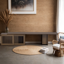 Mid-Century Modern 2 in 1 PET FRIENDLY Walnut TV Stand With Extendable table Soft cushion Sliding door Cat friendly furniture