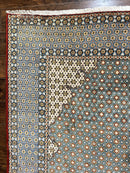 Rare Persian Rug 8x12, Qum Rug, Repeated Star Motifs, Blue and Ivory, Fine 300 KPSI, Hand Knotted Handmade Vintage Wool Rug