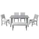 6PCs Dining Room Table Set, Rustic Farmhouse Dining Room Rectangular Table with 4 Upholstered Chairs and Bench, Solid Wood Kitchen Dining Table Set for 6 Persons