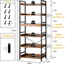 Adjustable Six Tier Industrial Wood Black Metal Bookcase