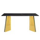 Table and chair set.63'x31.5x30'Black Texture With Lines Patterned Sintered Stone Table with Golden Stainless Steel Butterfly Legs.Paried With 4 Black High-quality PU Chairs With Golden Metal Legs.