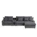 Modular Corduroy Sectional Sofa with Bluetooth Speakers, USB Charger, Cup Holders, Storage, and Ottoman in Dark Gray