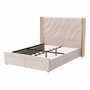 Modern Upholstered LED Bed Frame with Storage Drawers, Velvet Platform Bed, Wingback Headboard, RGB Light, Beige