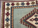 Turkish Kazak Rug 4x6, Geometric Medallion, Caucasian Design Rug, Semi Antique Vintage, Mint Green Maroon Ivory