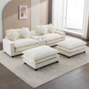 Chenille Upholstered Sectional Sofa with Removable Ottoman, USB Ports, Cup Holders, and Storage, Beige, 111'