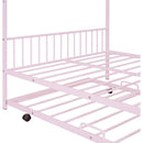 Full Size Metal House Bed with Twin Size Trundle, Pink
