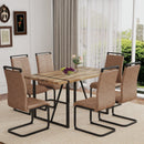 Table and chair set.A minimalist retro rectangular dining table with a textured top and black metal legs.Paired With 6 Brown technology fabric chairs with Featuring arched black legs.
