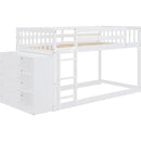 Twin over Twin Bunk Bed with 4 Drawers and 3 Shelves-White
