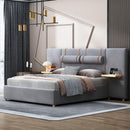 Queen Upholstered Platform Bed, Two Outlets and USB Charging Ports on Both Sides, Two Bedside Pillows, Storage Shelves, Velvet,Gray