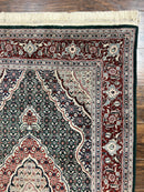 Sino Persian Rug 4x6, Wool with Silk Highlights, Fine Hand Knotted Carpet, Green & Maroon Red, Herati Medallion, Vintage Rug
