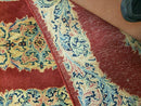 Small Persian Kirman Rug 2x4, Wool Oriental Vintage Handmade Carpet, Hand Knotted Floral Medallion, Red & Beige, Semi Open Field