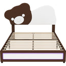 Full Size Upholstered Platform Bed with Bear Shaped Headboard, LED Light Strips, White + Brown