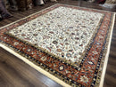 Indo Persian Rug 9x12, Ivory and Red, Traditional Wool Oriental Carpet