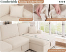 130Inch Beige Upholstered Sleeper Sofa With Storage