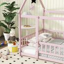 Full Size House Floor Wooden Bed with Roof Frame, Safety Guardrails,Pink