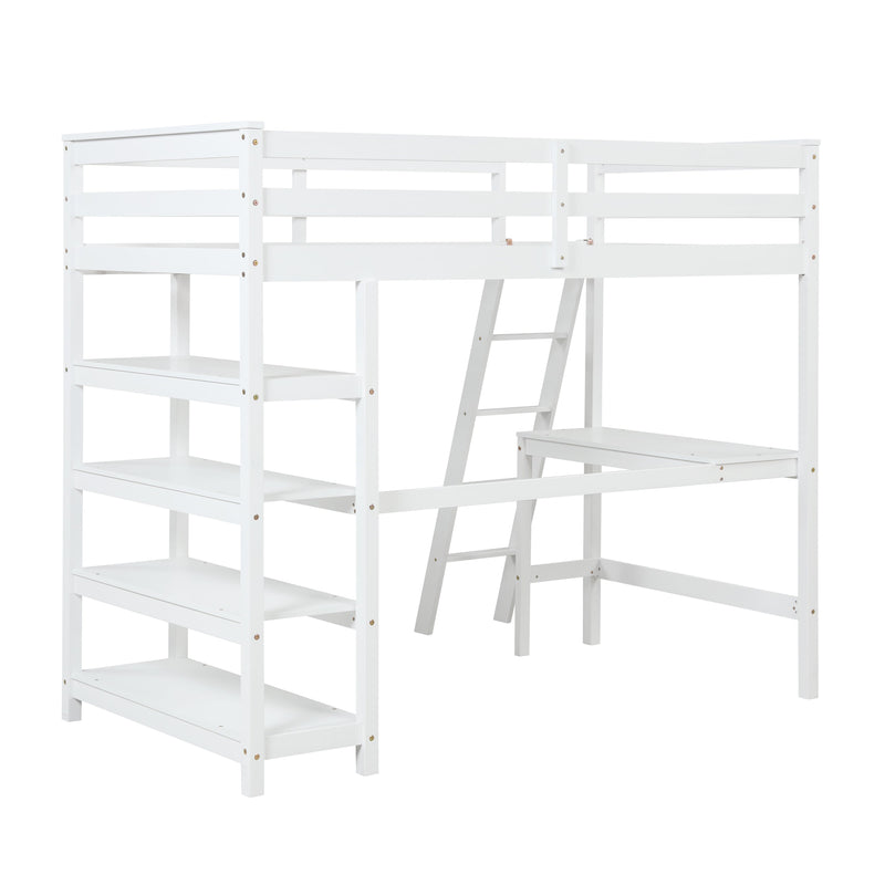 Twin Loft Bed with desk, ladder, shelves, White