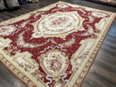 Aubusson Rug 8x11, Needlepoint Carpet, Red Ivory Beige, Vintage, French European Design