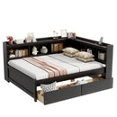 Full Size L-shaped Bookcases Bed with Power Outlets, USB Charging Ports,Two Drawers,Espresso
