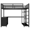 Metal Loft Bed with Wardrobe and L-shaped Desk, Full Size Loft Bed with Storage Cubes and Shelves, Loft Bed for Kids Teens Adults, Black
