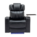 Modern PU Leather Power Recliner with Cooling Cup Holder, Bluetooth Speaker, LED Lights, and Tray Table in Black