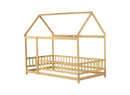 Twin Size House Floor Wooden Bed with Roof Frame,Safety Guardrails,Natural