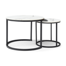 Set 2 Coffee Table Nesting White and gray top Black Frame Circular Round and Marble Pattern Wooden Tables, Living Room Bedroom Apartment Modern Industrial Simple Nightstand